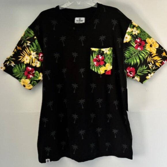 NWT Akademiks Mens Black Tropical Hawaiian Print Palm Tree T Shirt Casual 2XL - Picture 1 of 7